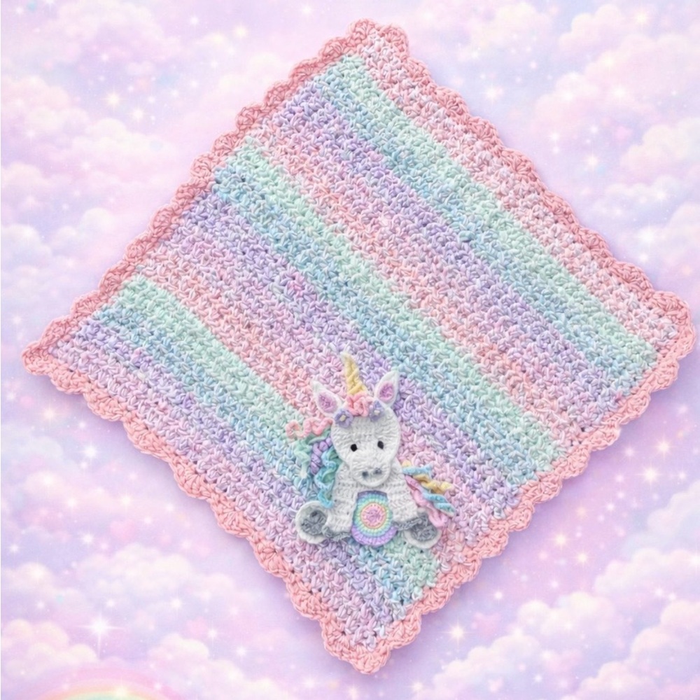 Handmade Crochet Unicorn Lovey Baby Security Blanket Pastel Rainbow Nursery Gift